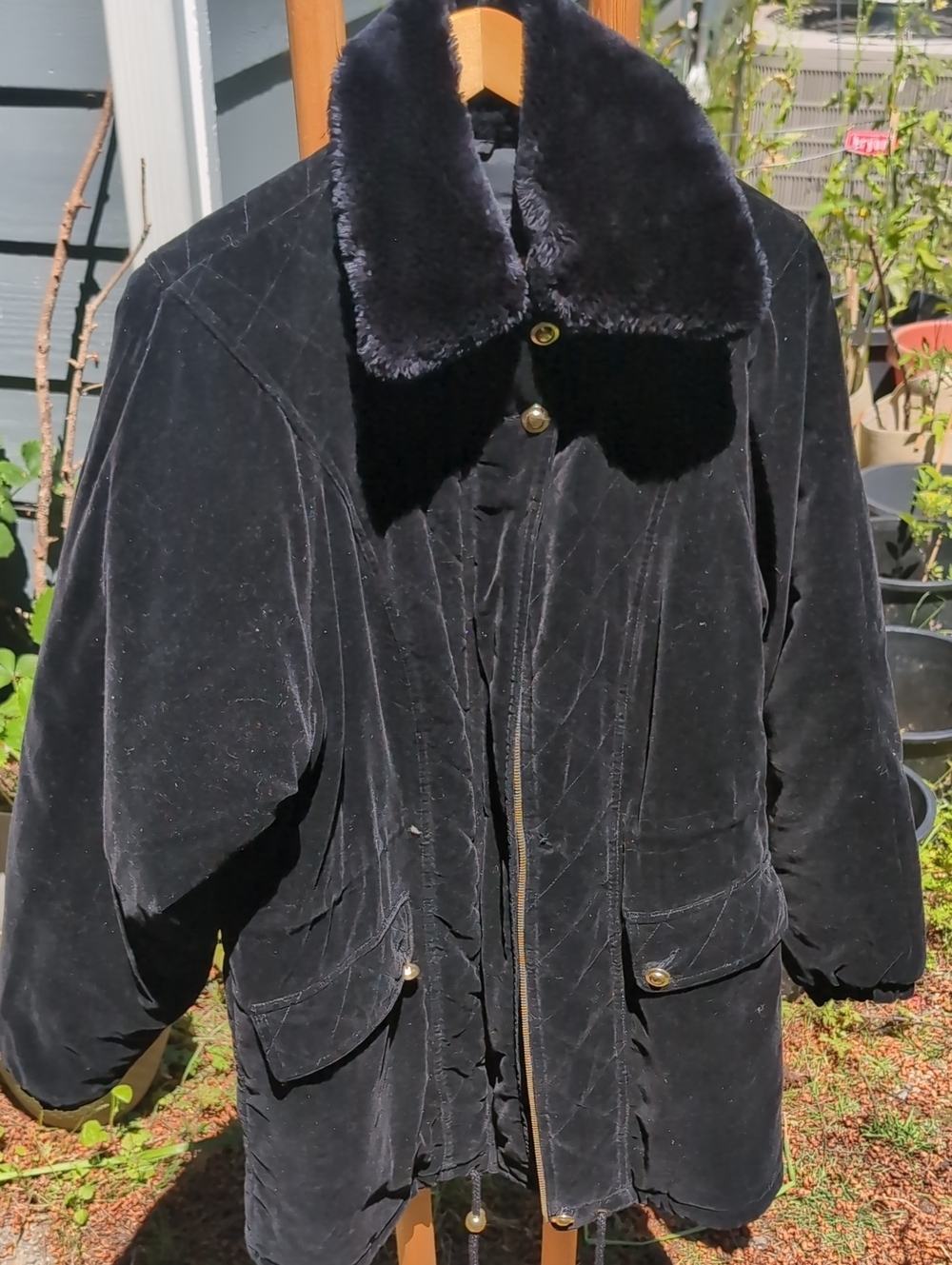 Vintage Current Seen Black Faux Fur Collar Velvety Winter Coat Gold Buttons